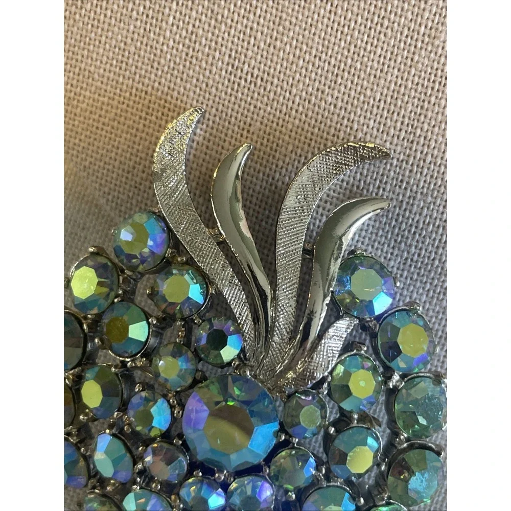 Vintage Aurora Borealis Rhinestone Brooch Silver Tone Mid Century Costume Signed